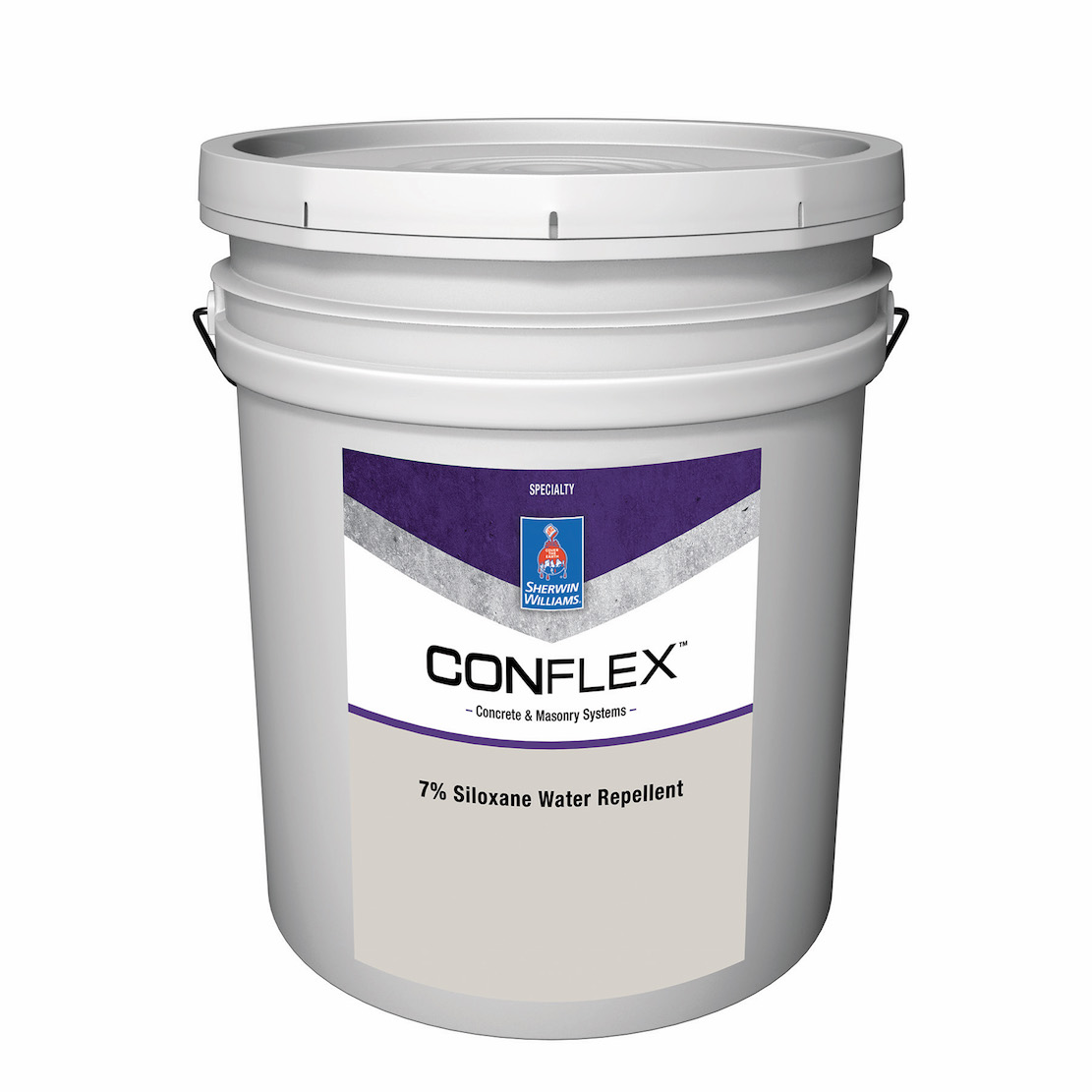 Sherwin-Williams recently updated its line of concrete and masonry coatings, including 19 ConFlex solutions color-coded for easier reference. The ConFlex Proven Performance Lineup includes ConFlex Block Filler for prep work (labeled in blue); an array of nine, green-labeled finishing products, including acrylic coating, waterproofer, elastomeric coating, and solvent-borne smooth coating; and purple-labeled 7 percent Siloxane Water Repellent (shown). 