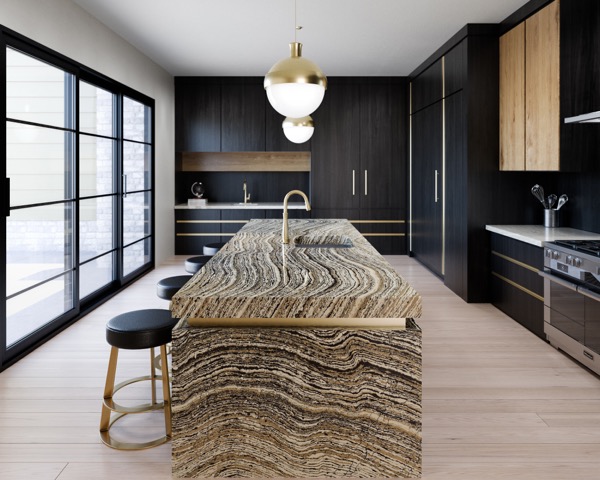 The Woodstone and Black Marble Collections from Cambria claim to be an industry-first in quartz design—emphasizing wood grain movement and tones in profiles like Clairidge (shown) and Golden Dragon. Black Marble welcomes six new rich, moody, dark designs into its line, while Woodstone’s arboreal aesthetic has three new design styles. All profiles are available in matte or high-gloss finishes. 