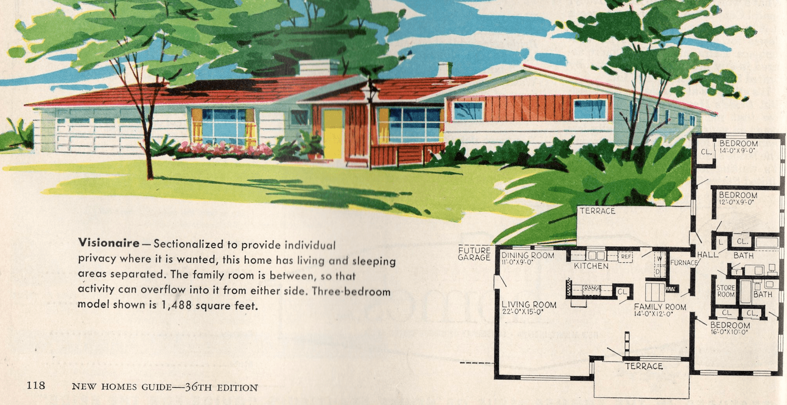 1960s ranch house design with 3 bedrooms and 2 bathrooms