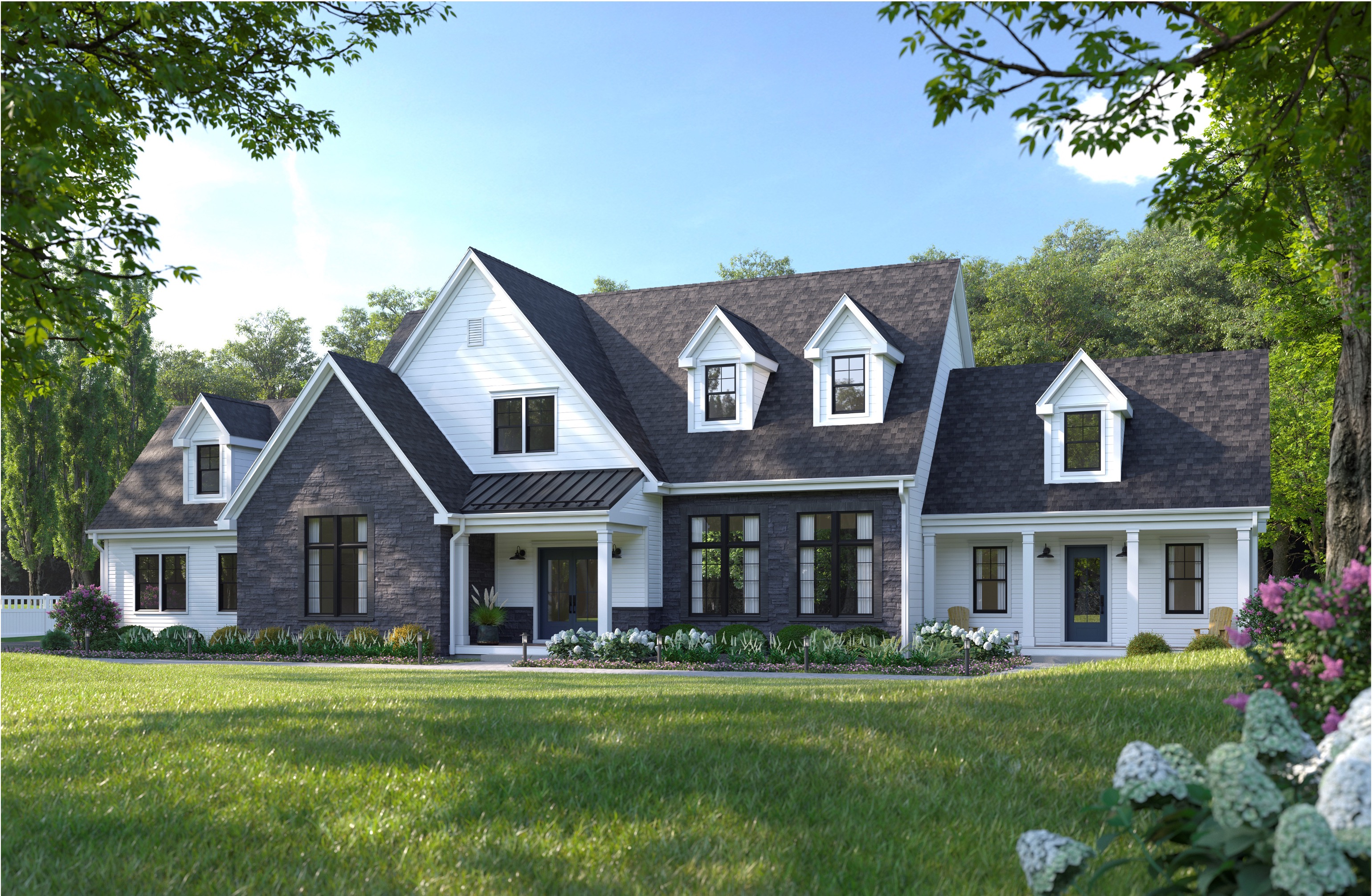 Rendering featuring Versetta Stone panelized stone siding (Tight-Cut profile in Northern Ash) and TruExterior poly-ash siding