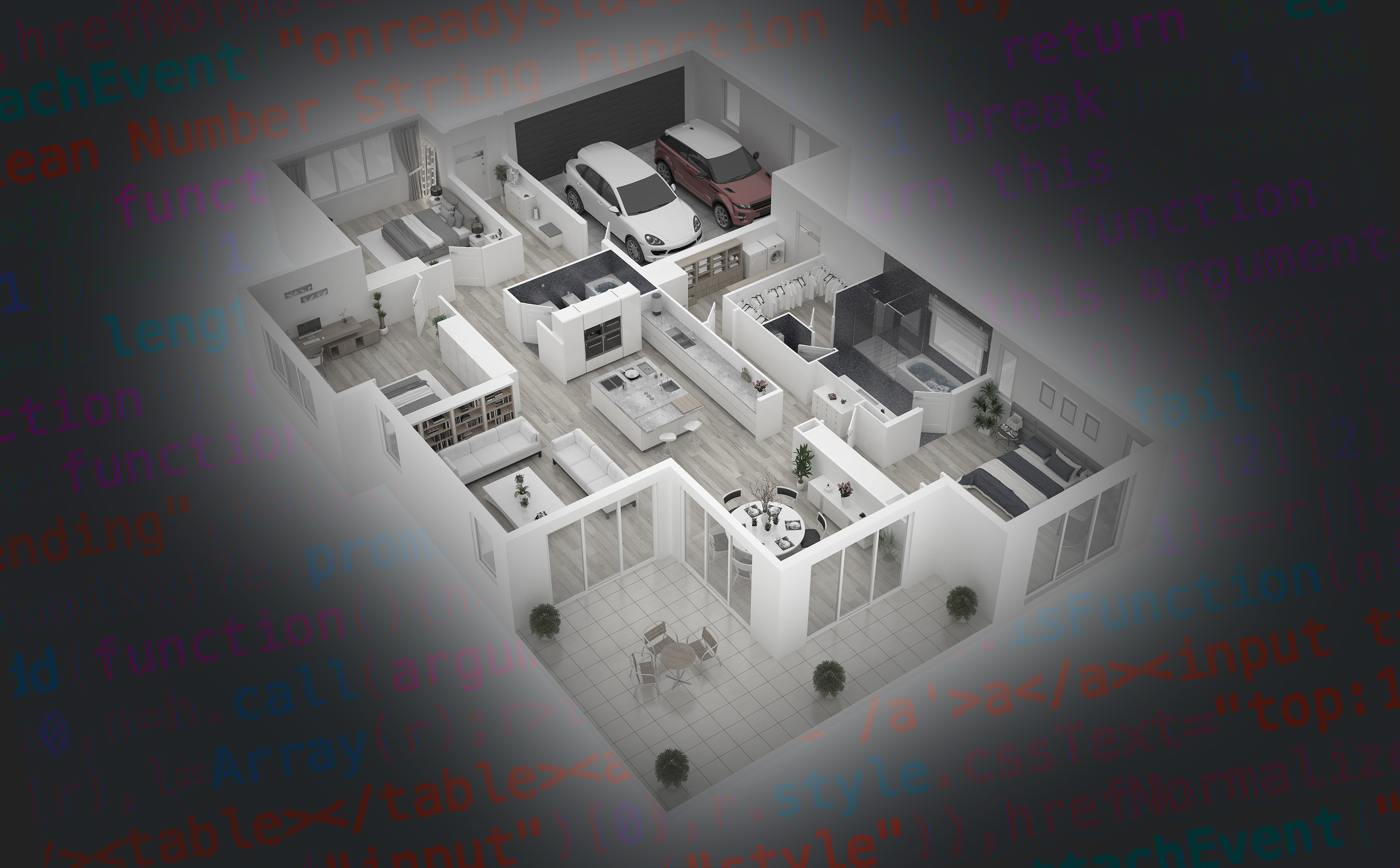 Home open floor plan model with code text