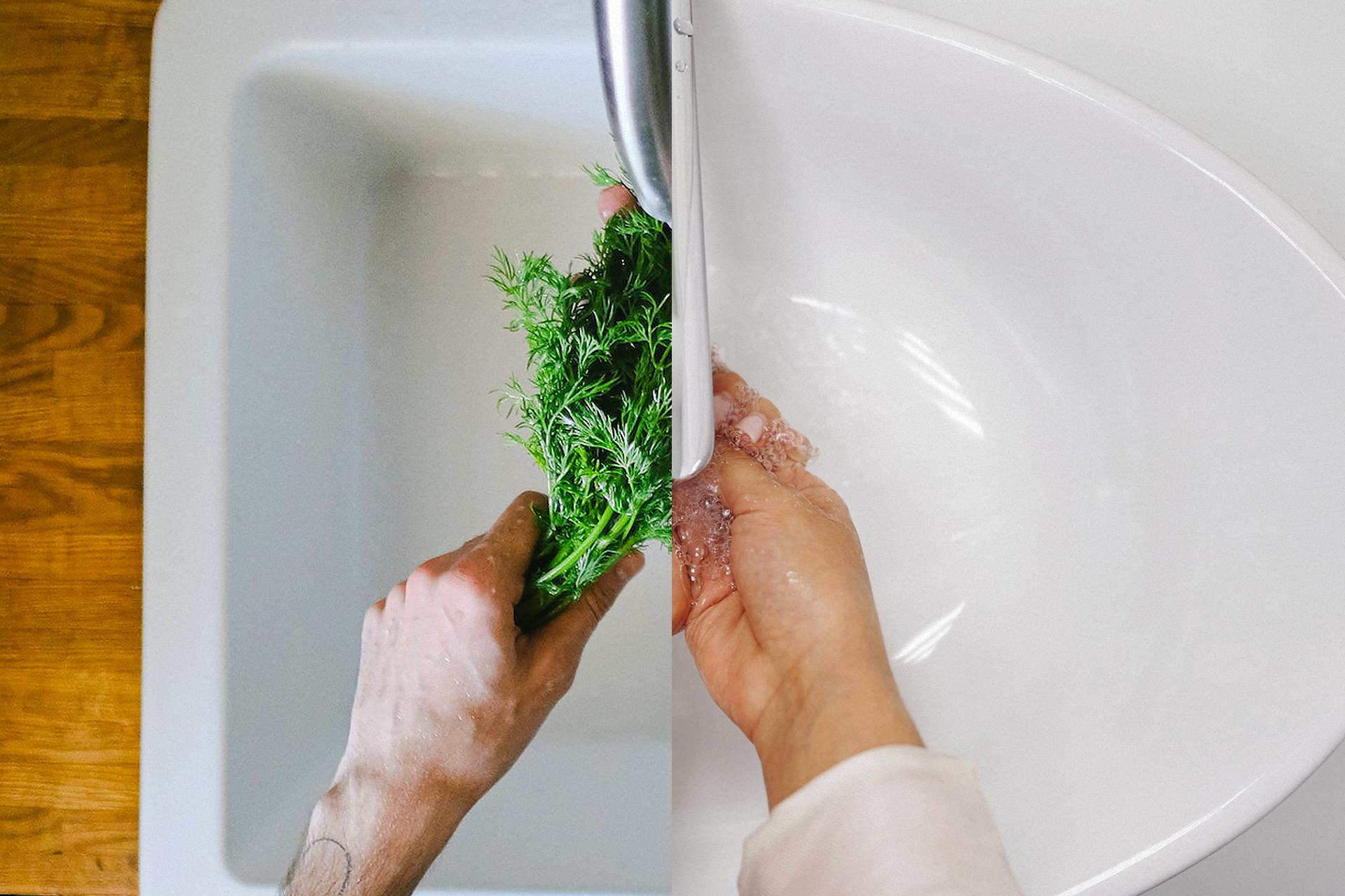 Split photo of man washing herbs in kitchen and woman washing hands in bathroom