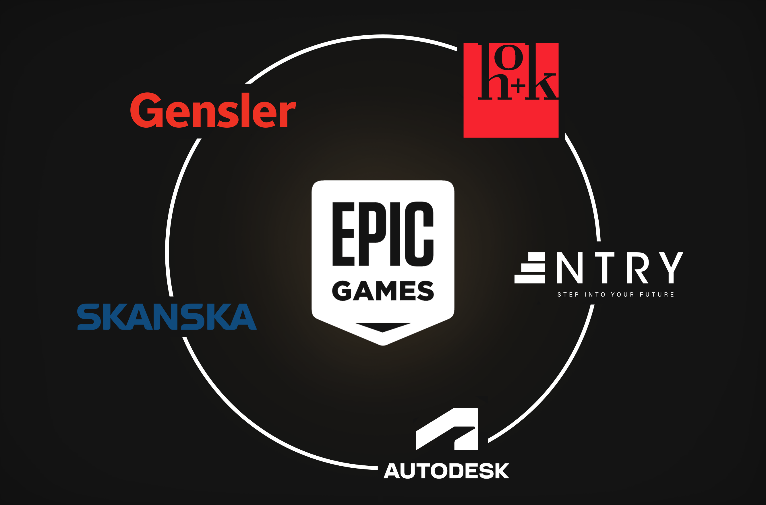 Epic Games company logo surrounded by Autodesk logo, AEC firm logos, and NTRY logo.