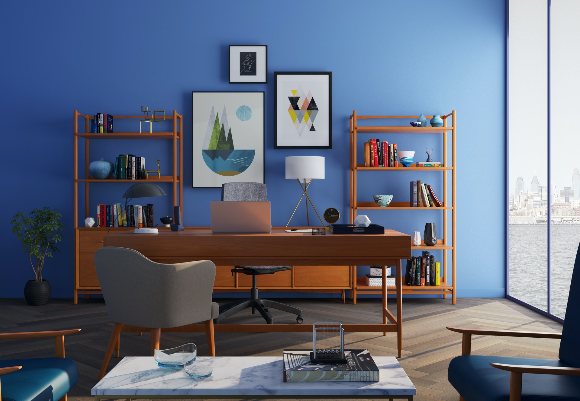 Interior office space blue walls