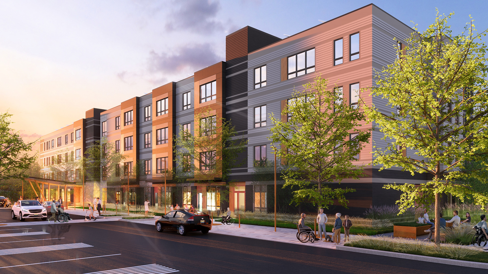Rendering of mixed-use affordable housing community The Downs in Maine