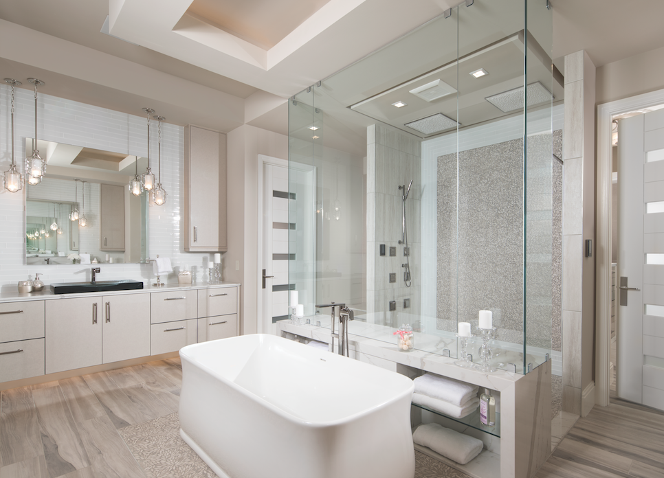 In The New American Home, high-tech showers, shapely tubs, and elegant fittings and fixtures throughout the home are by Kohler, offering spa-caliber comforts and a softer take on modern style.