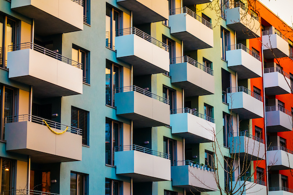 Colorful apartment buildings with balconies
