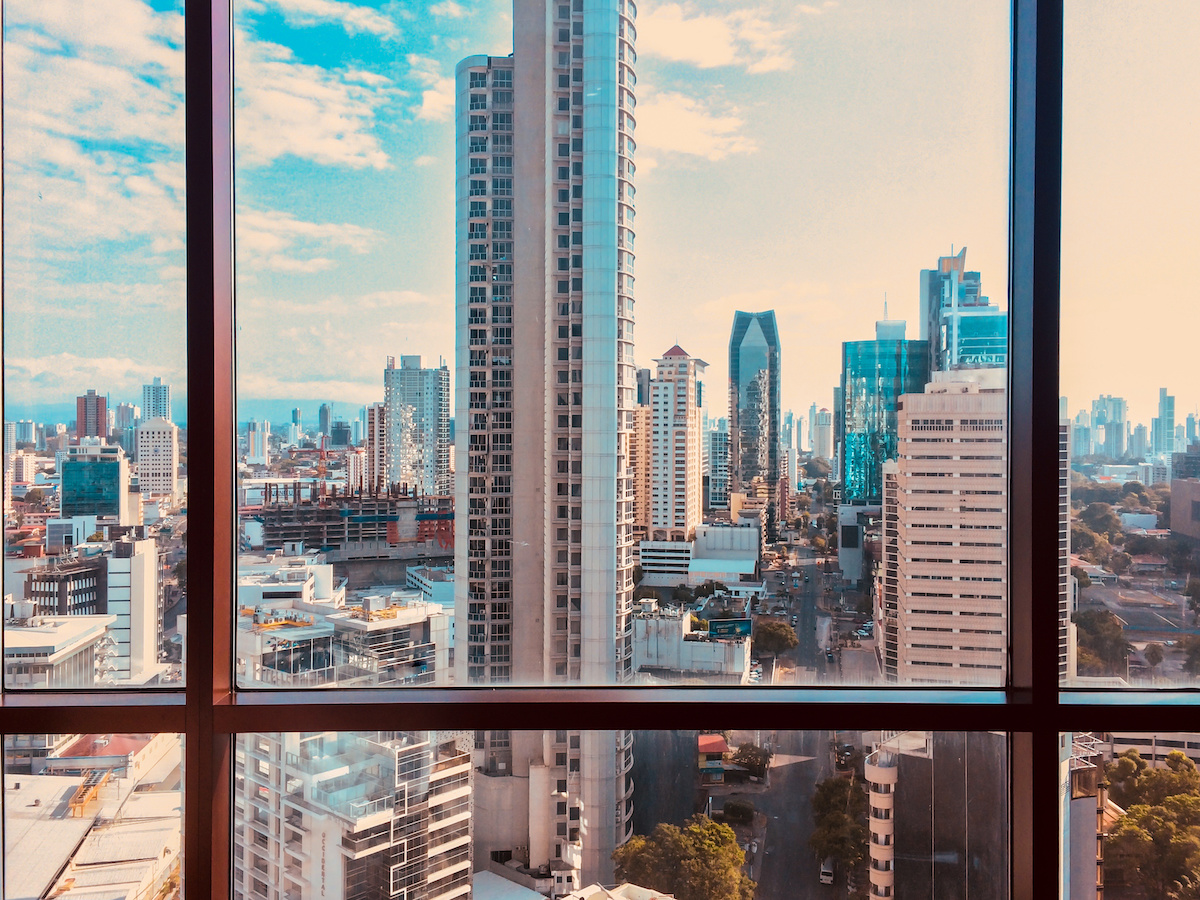 View through city apartment window