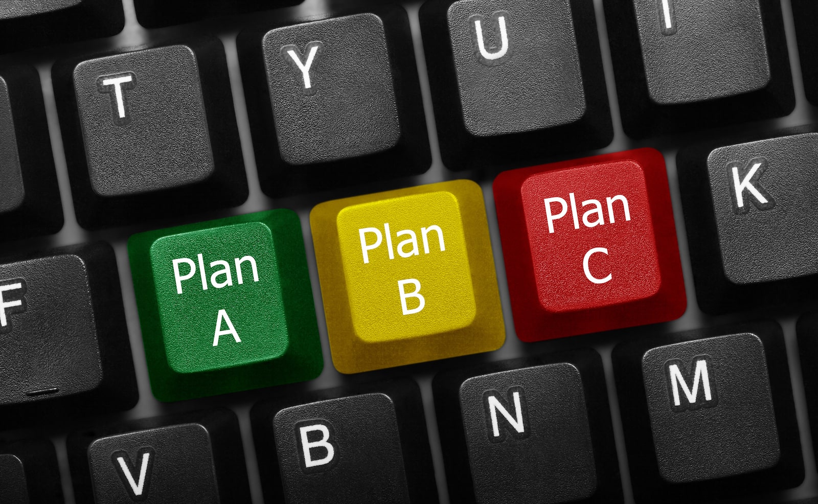 Keyboard with plan a, b, and c keys in green, yellow, and red