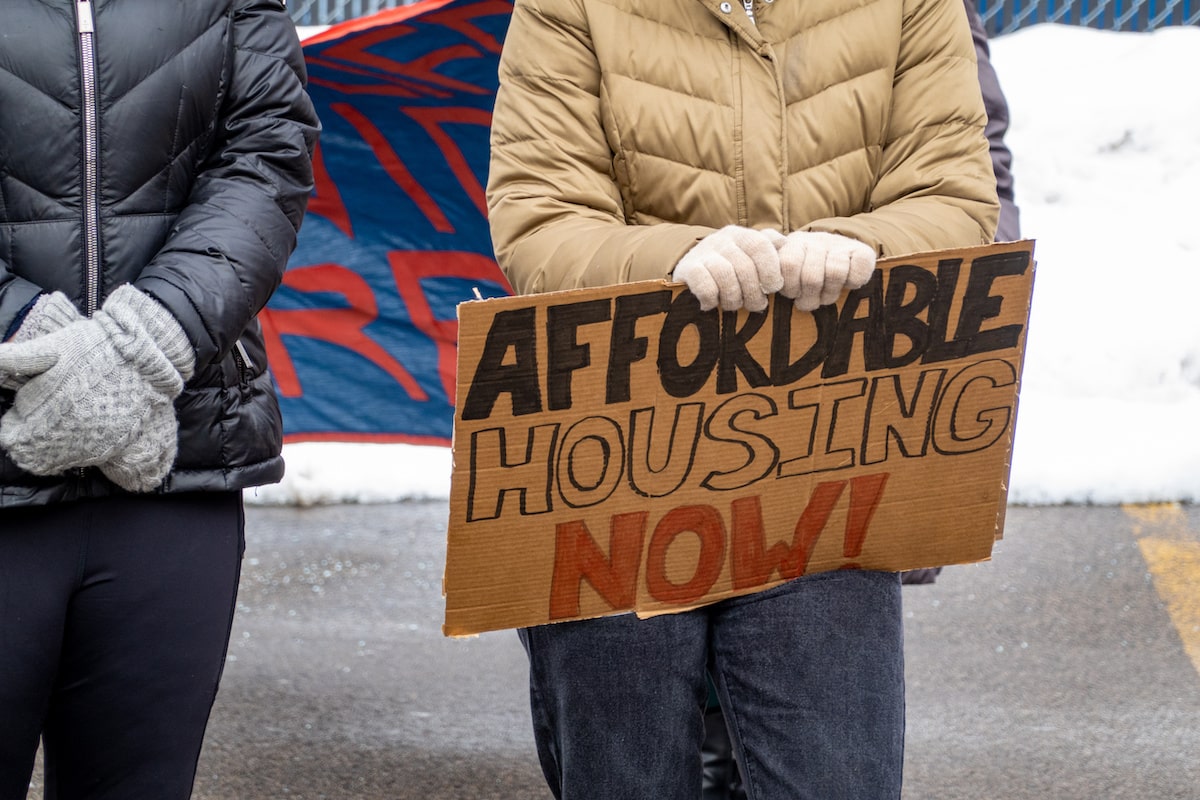 Affordable housing sign at protest