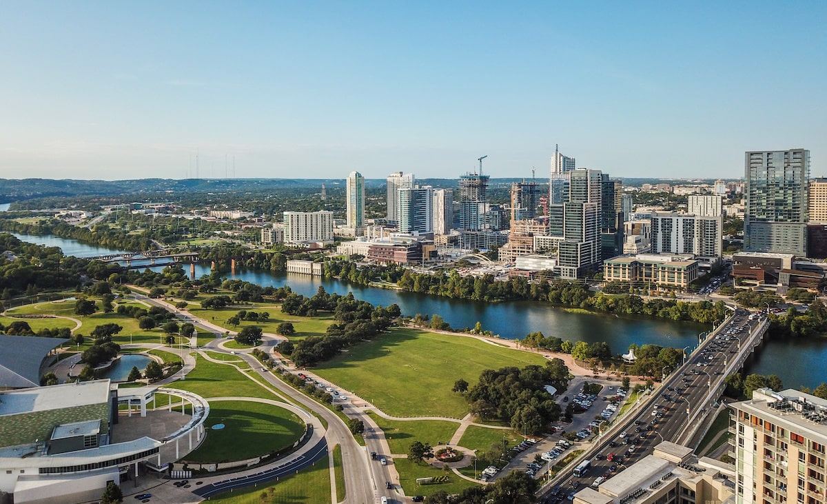 Aerial view of downtown Austin, TX, where housing inventory has seen an uptick