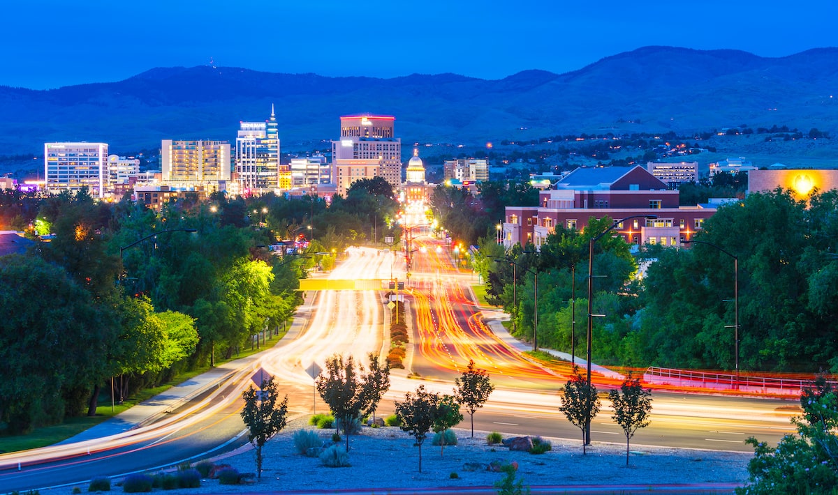 Boise downtown lit up in the evening