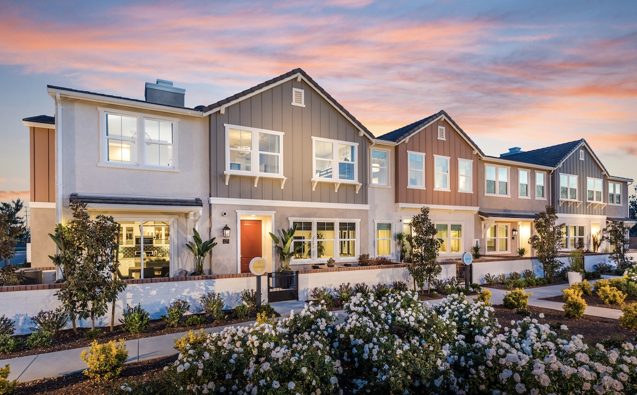 Exteriors of the Solstice townhomes at New Haven in Ontario Ranch, Calif., by Brookfield Residential