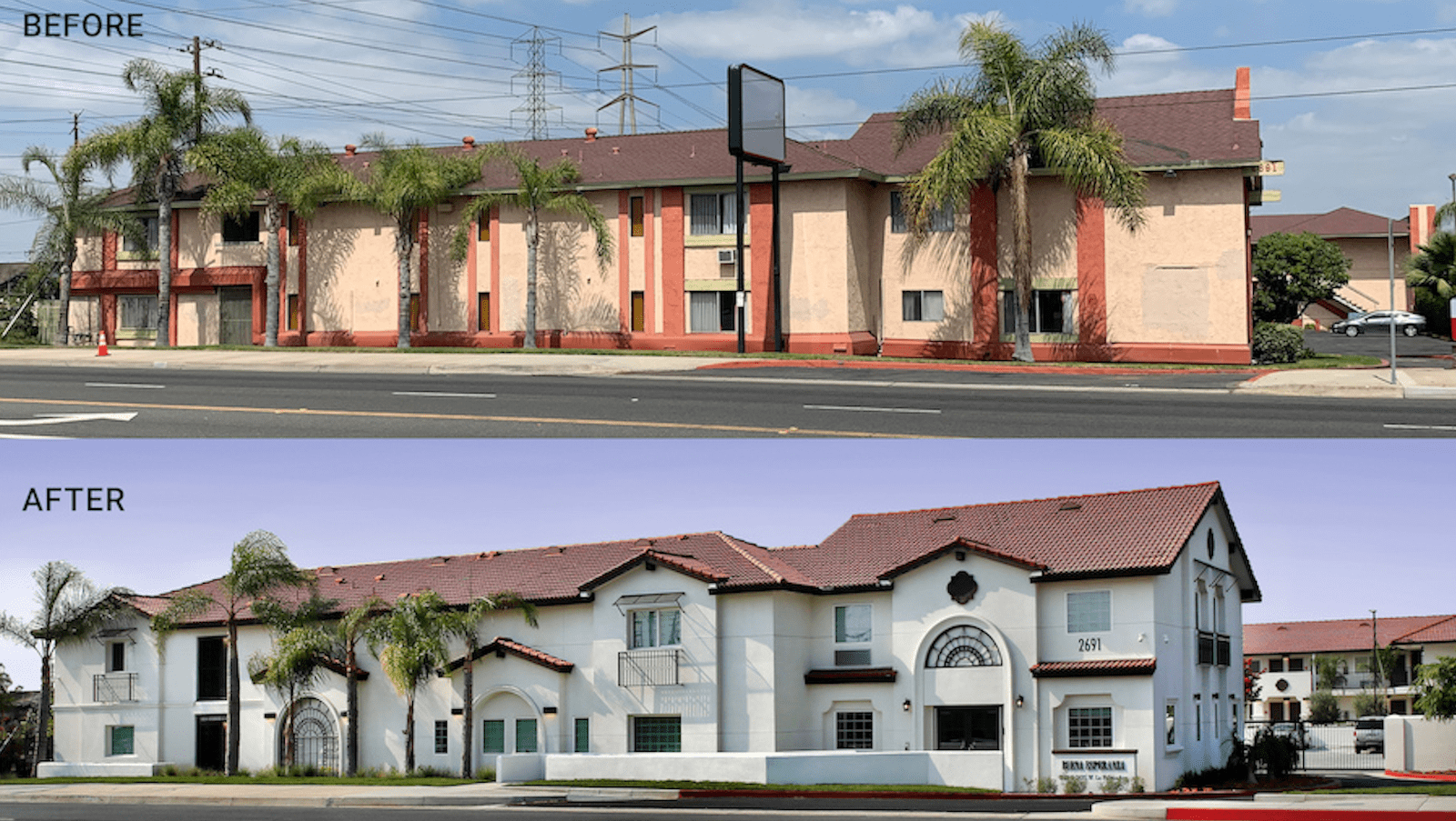 Before and after view of the exterior of Buena Esperanza, a 2022 Best in American Living Awards winner