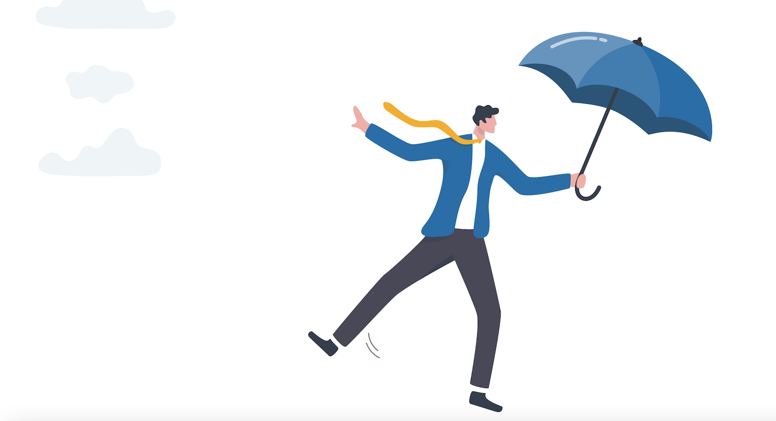 Man floating with umbrella shows agility in avoiding business chaos