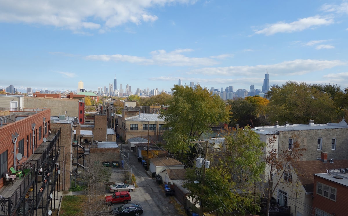 View of Chicago skyline from suburb