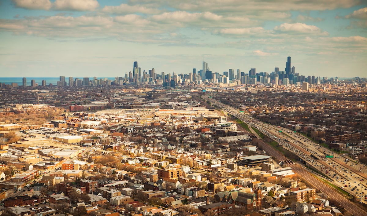 Chicago city skyline and suburban sprawl seen from above