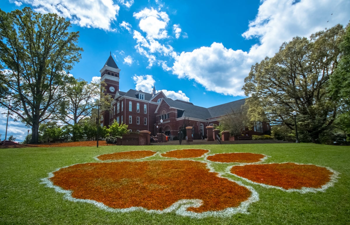 Clemson University logo on campus lawn in South Carolina