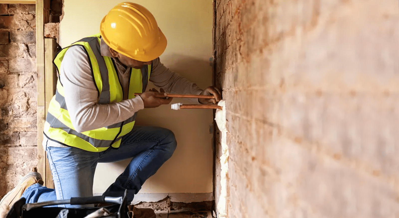 Construction worker classified as independent contractor fitting copper pipe in wall