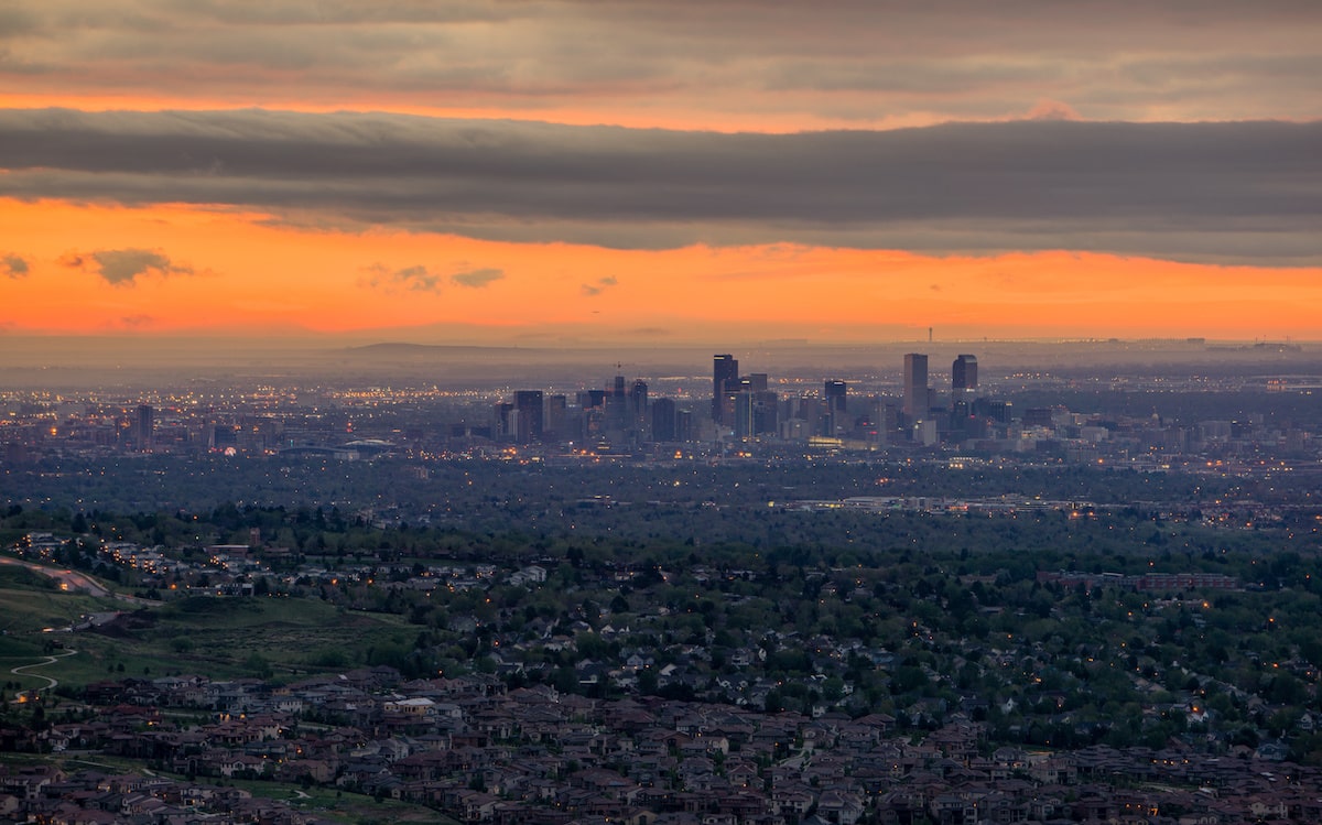 Aerial view of downtown Denver, CO at sunrise