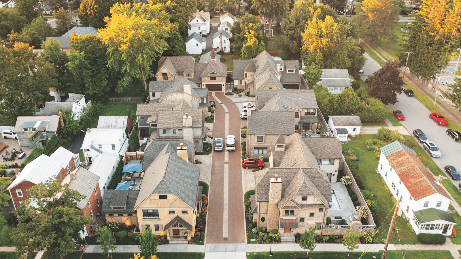 Aerial view of the Downton Walk infill development in Saratoga Springs, N.Y.