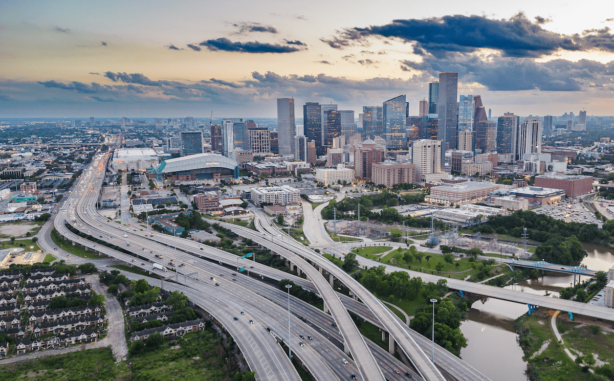 Houston city skyline with freeways in the foreground