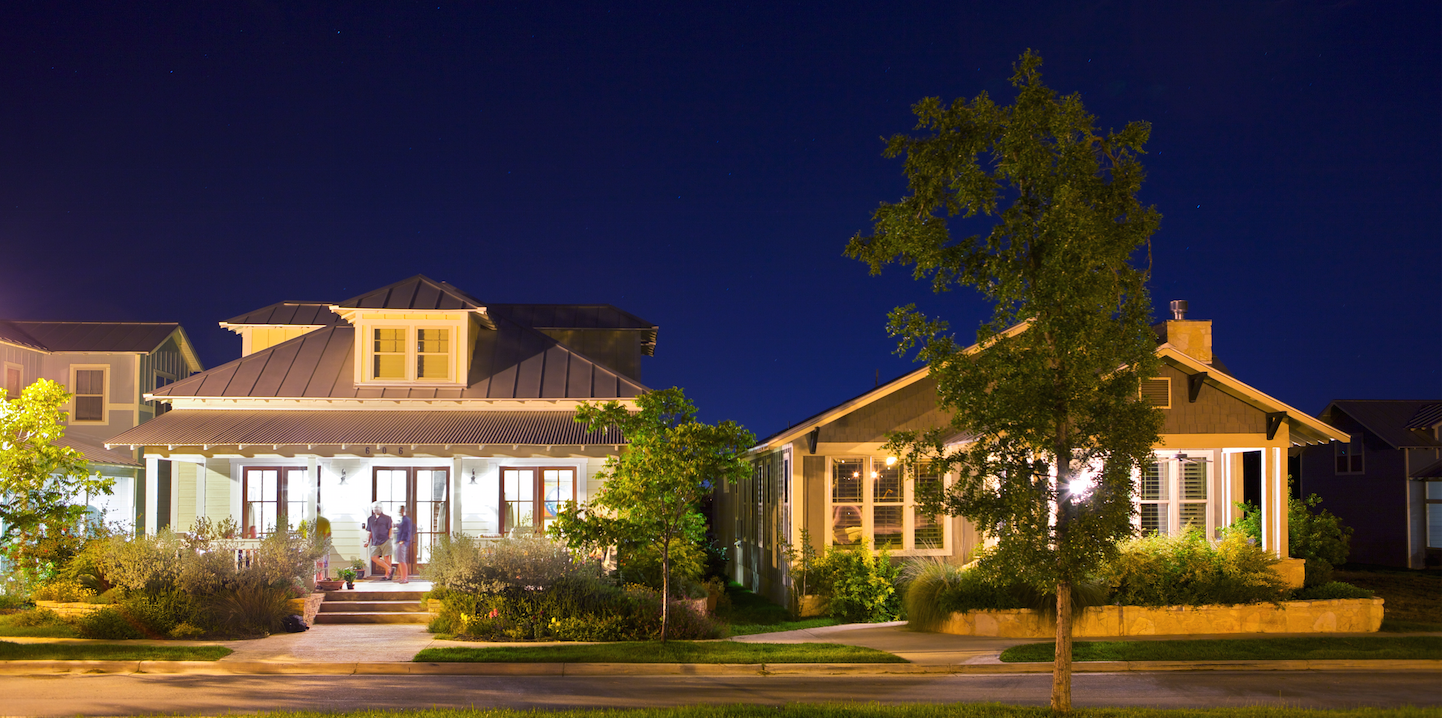 Town Creek, Braunfels, Texas, evening view of single-family houses.