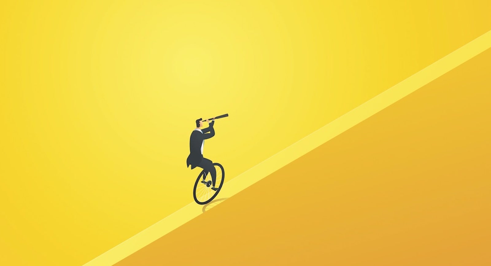 Man riding unicycle looking through a telescope