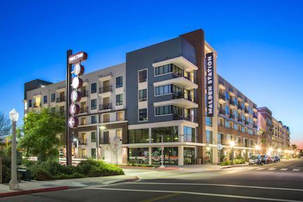 Exterior of Malden Station mixed-use community in Fullerton, Calif.
