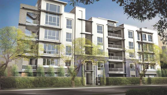 Rendering of the exterior of ETCO Homes' 460 Palm, showing its contemporary, sleek styling.