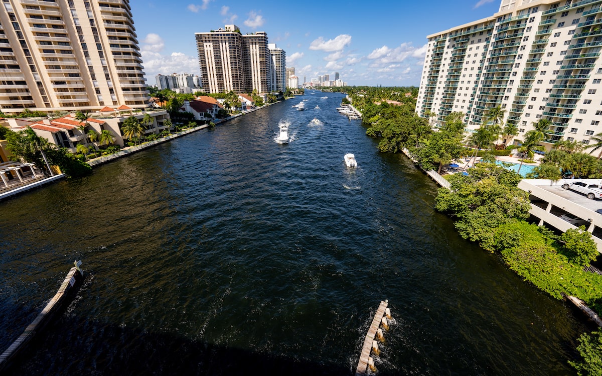 Miami waterway between condo buildings