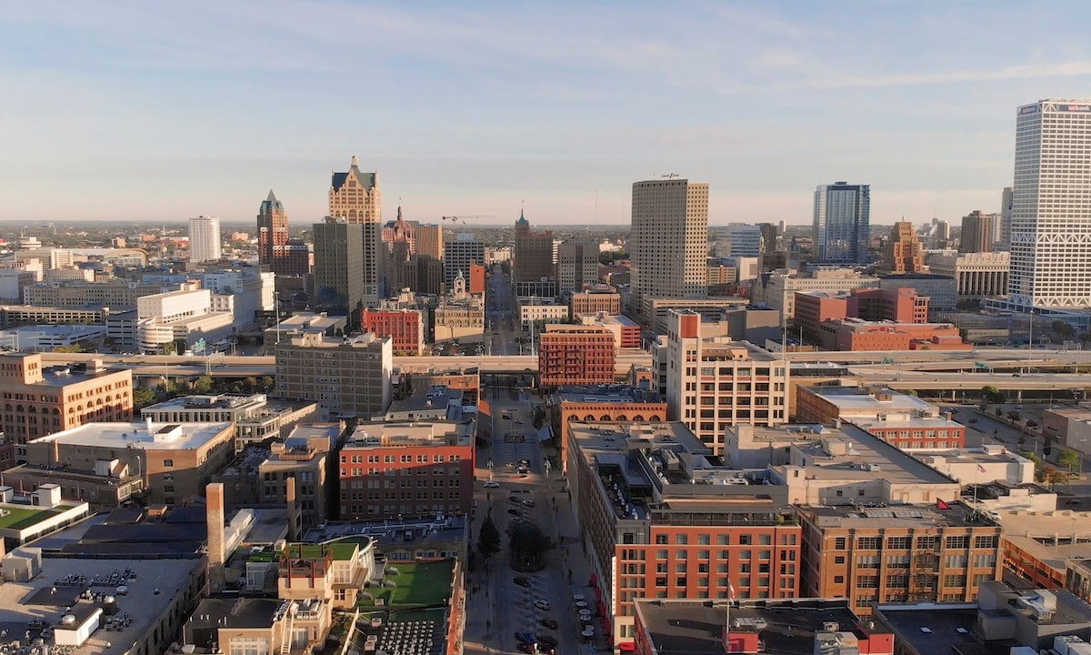 Aerial view of downtown Milwaukee at dusk