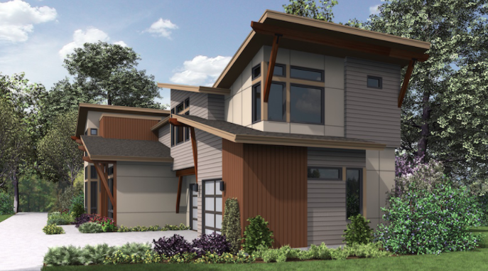 Exterior elevation of a house plans for narrow lots, designed for Merit Homes in Seattle