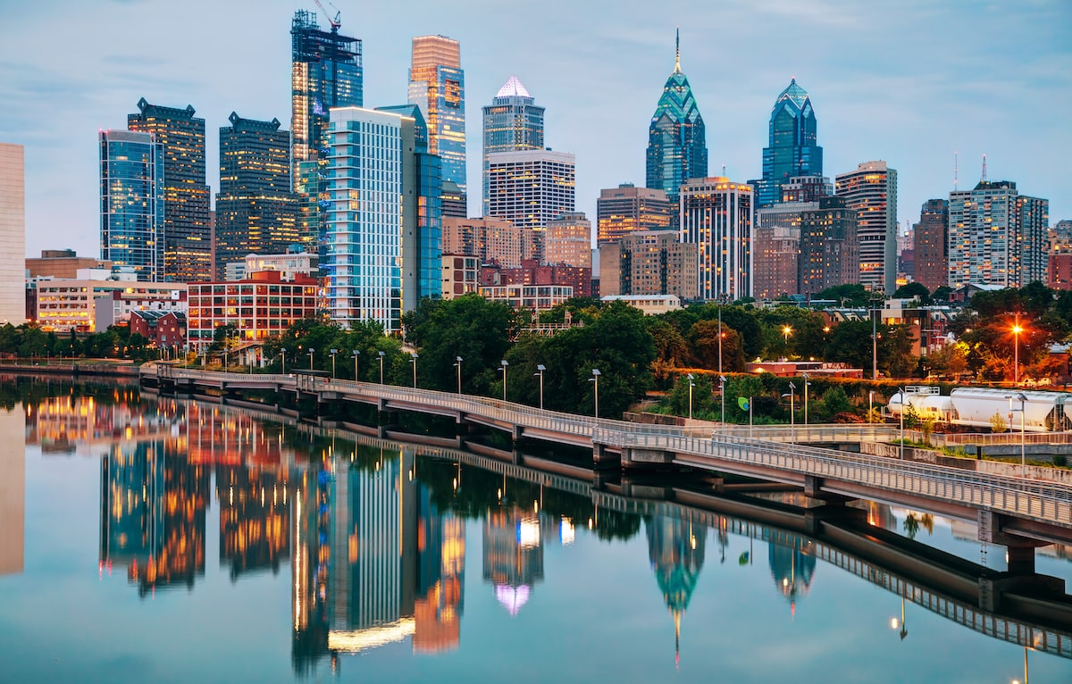 View of Philadelphia at dusk across the river