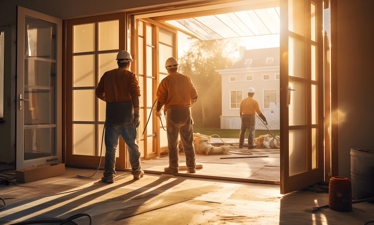 AI image of residential construction workers building house in late afternoon