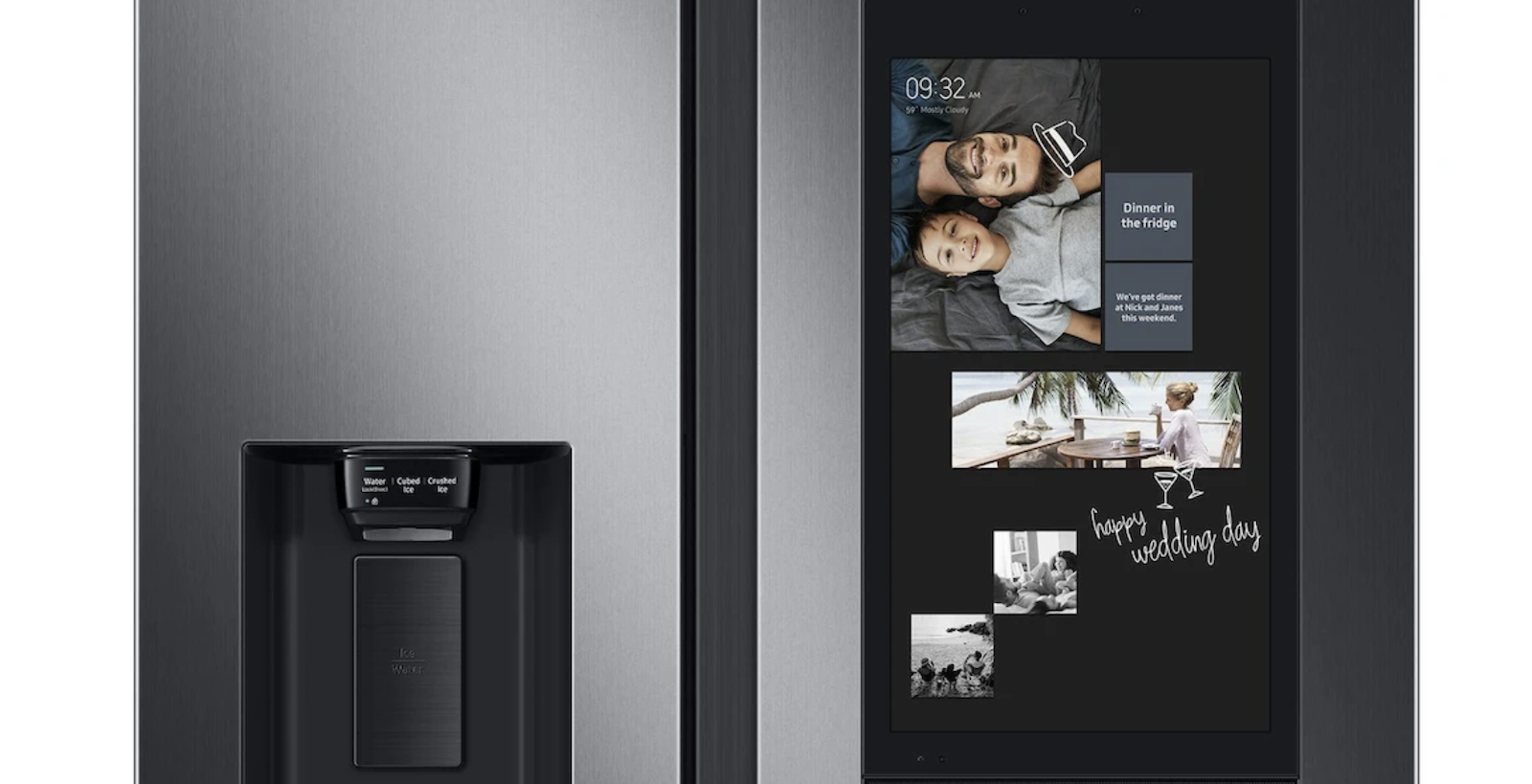 Close-up view of Samsung's Family Hub refrigerator door with screen and smart technology