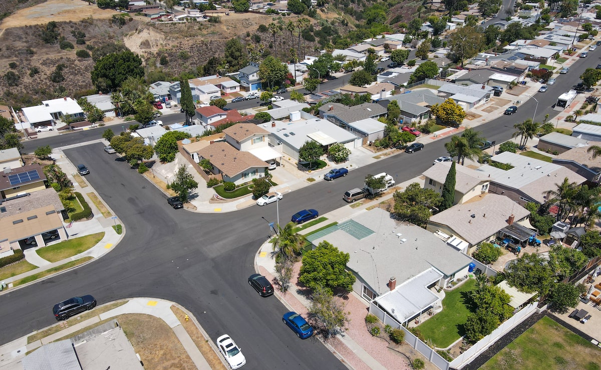 Aerial view of small houses in suburban San Diego neighborhood