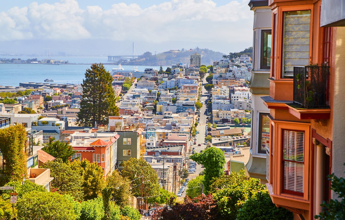View of colorful homes across downtown San Francisco and Bay Area