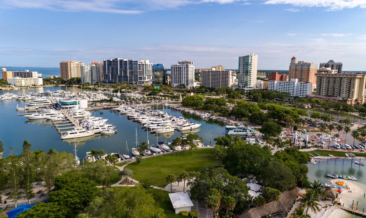 Aerial view of downtown Sarasota, FL metro area