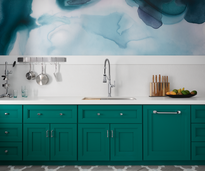 Green kitchen cabinets, modern faucet, Image: Courtesy Kohler