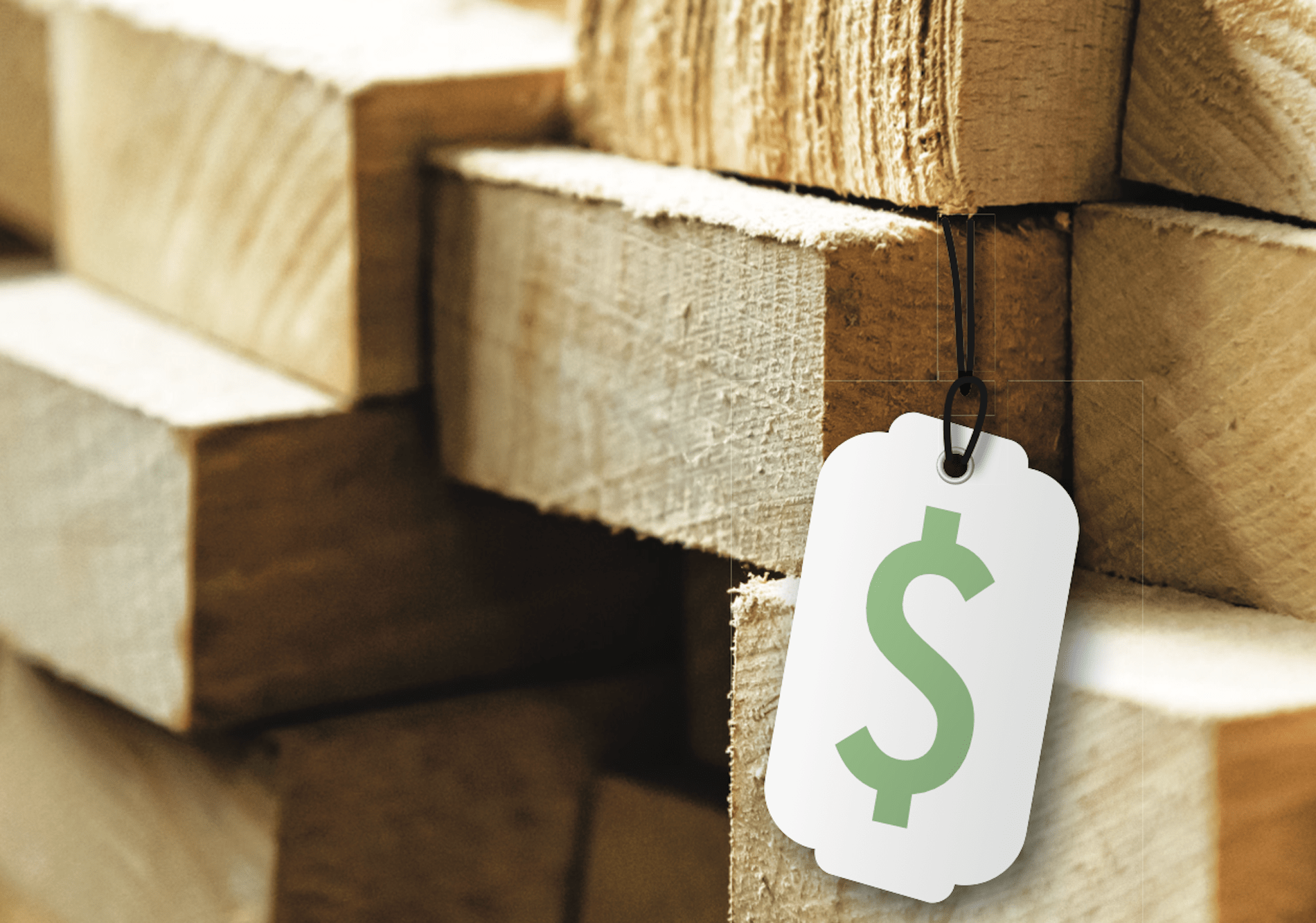 White price tag with green money symbol on stack of lumber