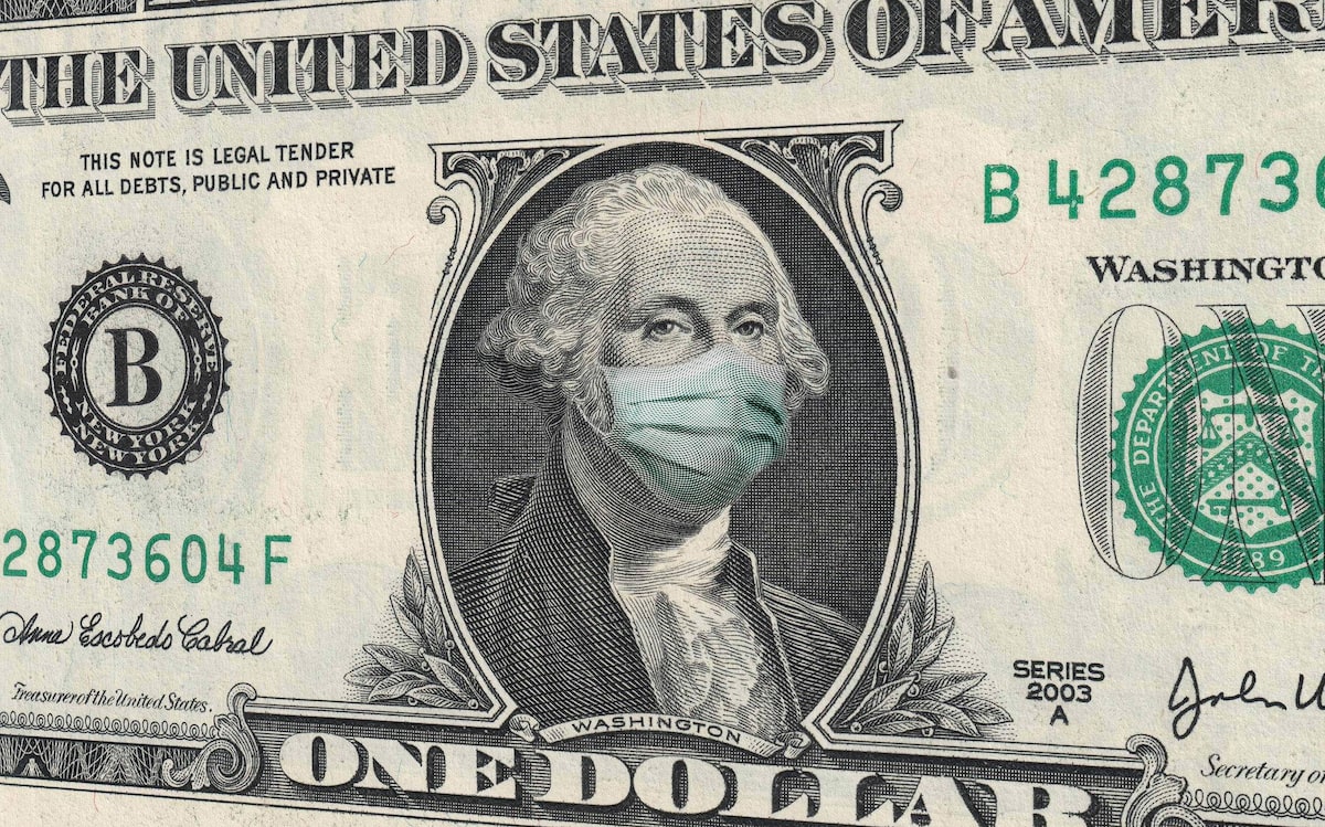 Dollar bill with mask over George Washington's face