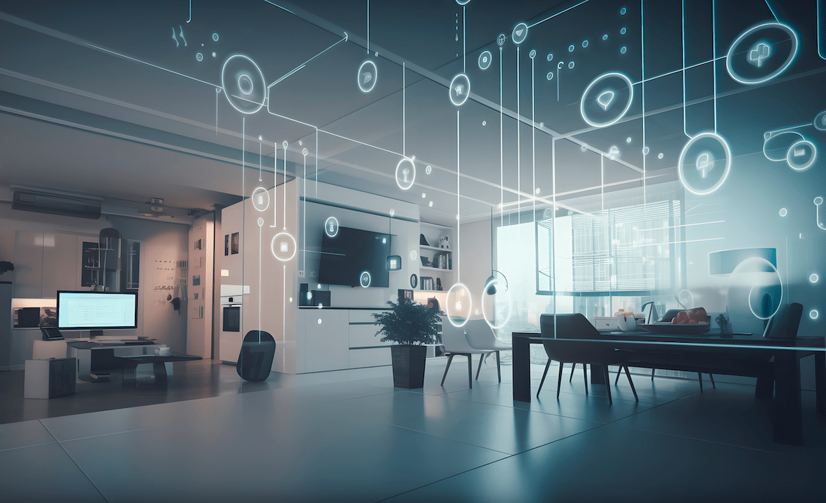 Smart home interior with internet-connected appliances and home systems