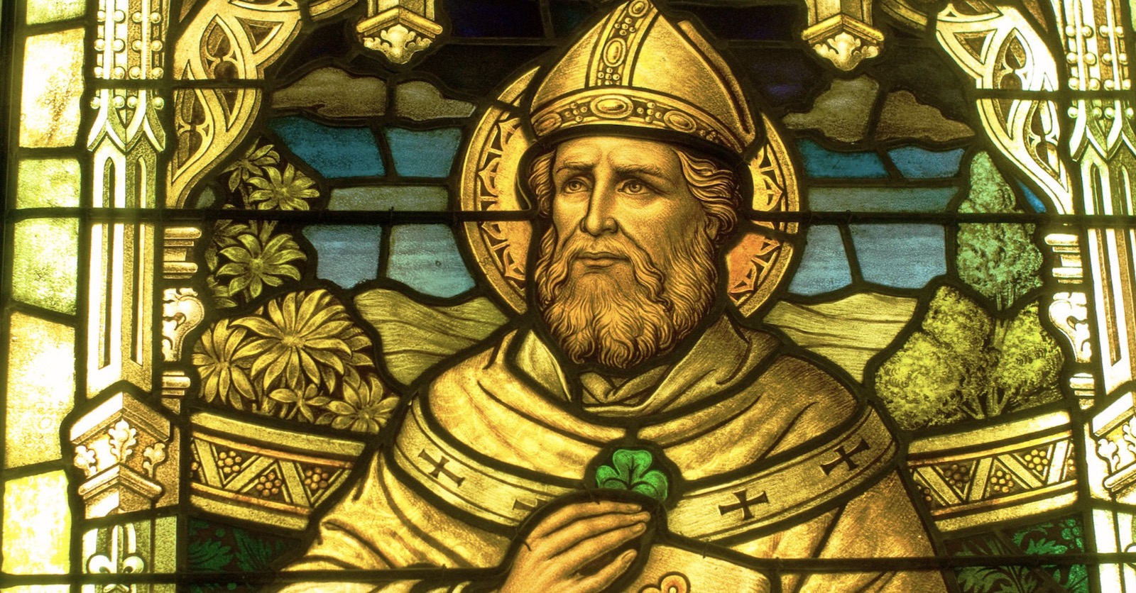 St. Patrick with a shamrock in a stained glass window at the Smith Museum of Stained Glass Windows, Chicago.