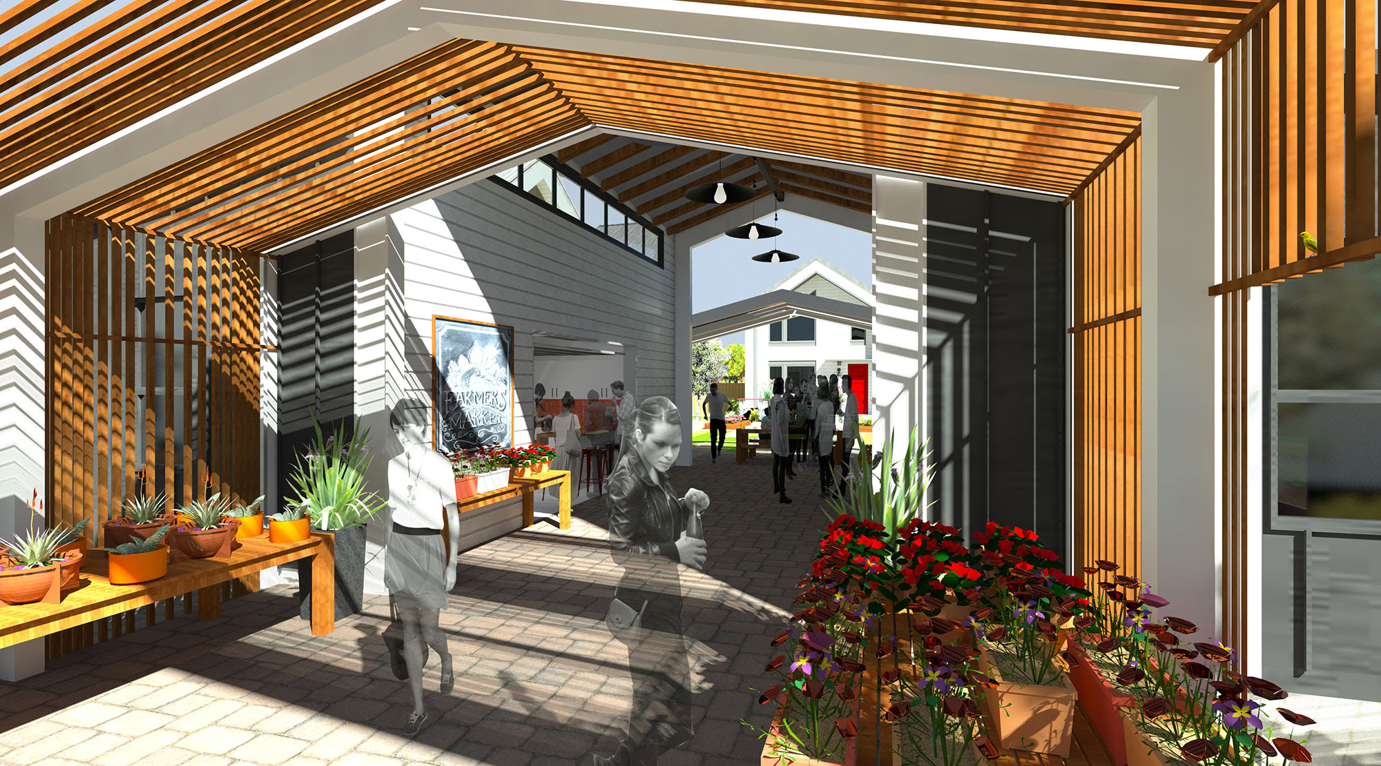 Rendering of breezeway of Commons Building at The Patch; people browsing aisles of produce