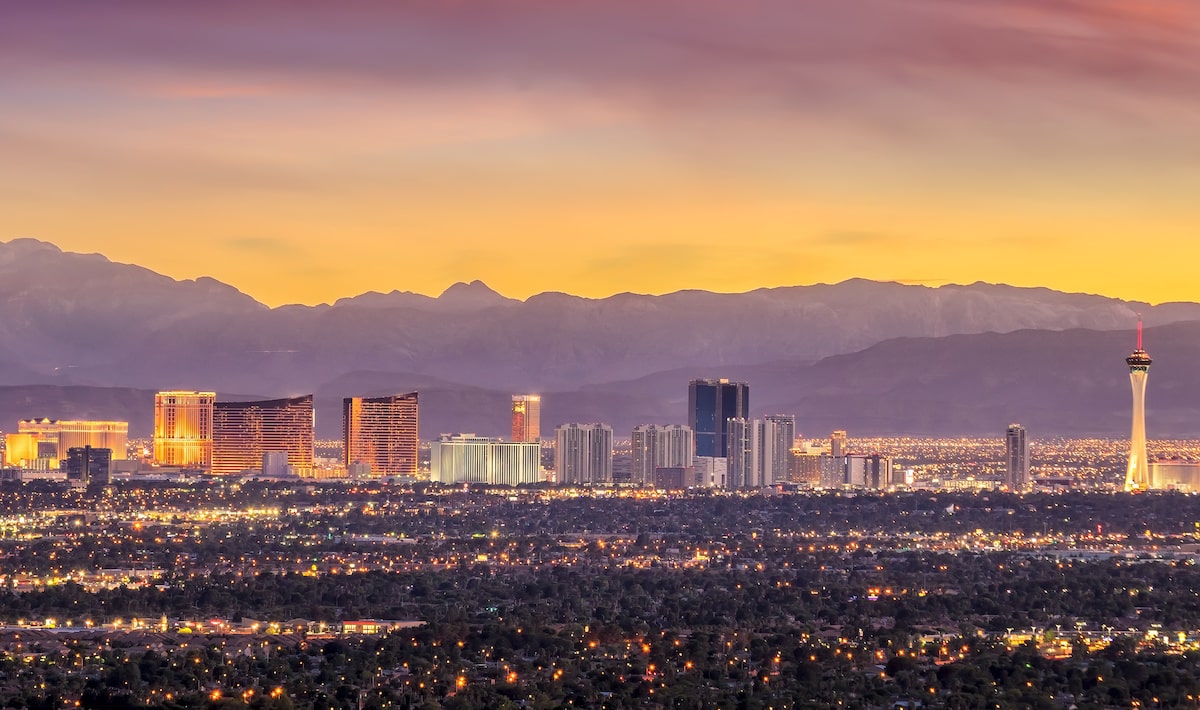 Las Vegas city skyline at sunset