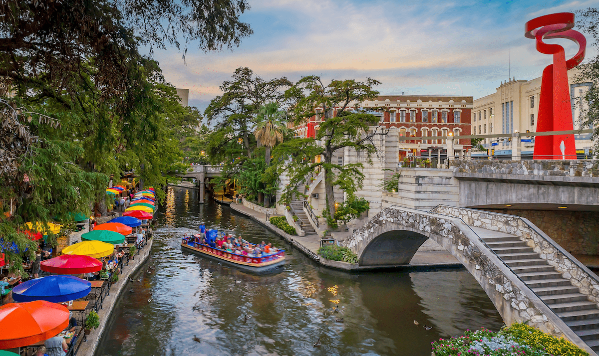 View of Austin, Texas, canal boat and city scene