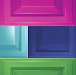 Examples of Wellborn Cabinet bright door colors—pink, teal, lime green, and rich blue.