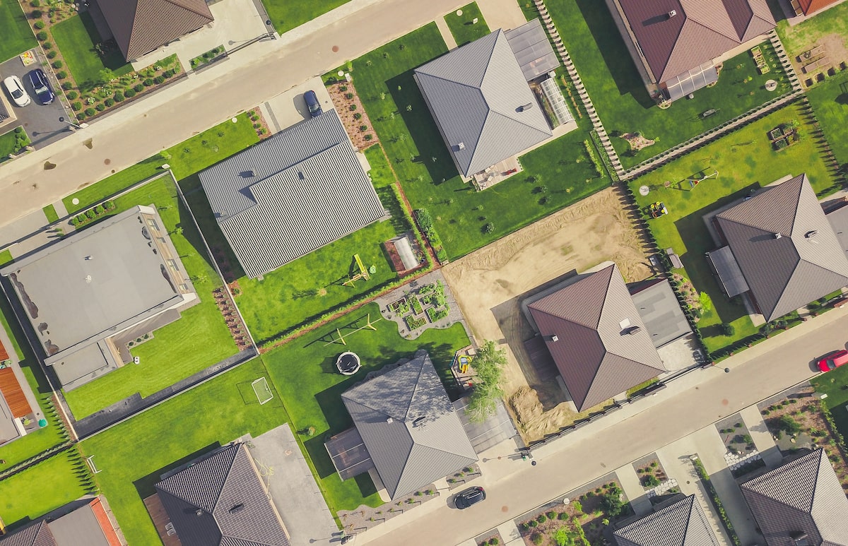 Aerial view of houses in residential neighborhood