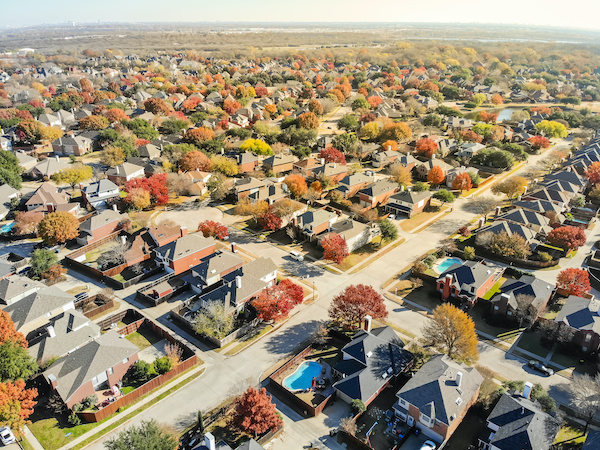 Aerial view of suburban homes
